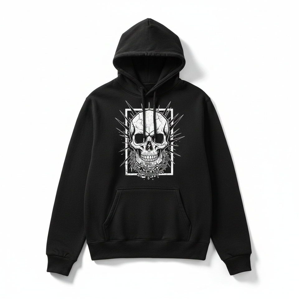 Black hoodie front with large skull print