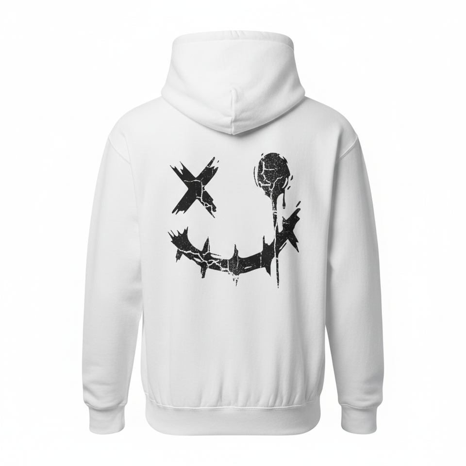White dripping smiley hoodie back - square