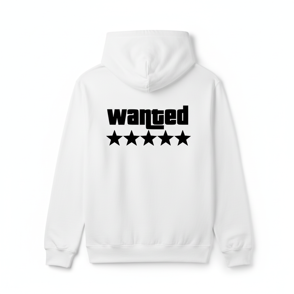 White WANTED hoodie back - square